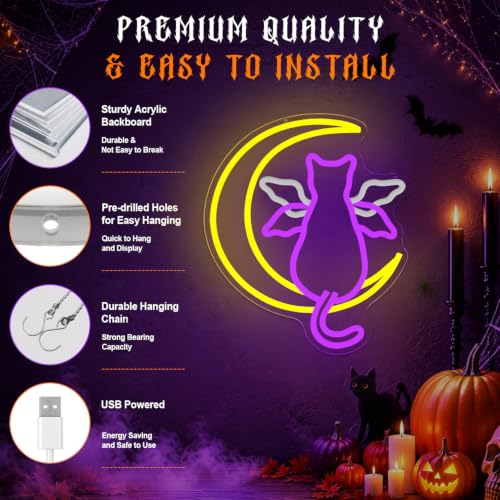 Purple MoonCat Halloween Bat Cat Neon Sign with Waving Wings USB Light