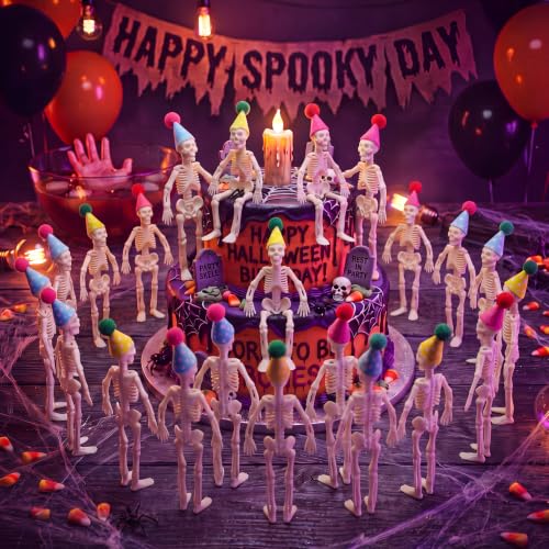 Mini Skeleton Figurines with Felt Hats - Halloween Decorations, 24 Pack