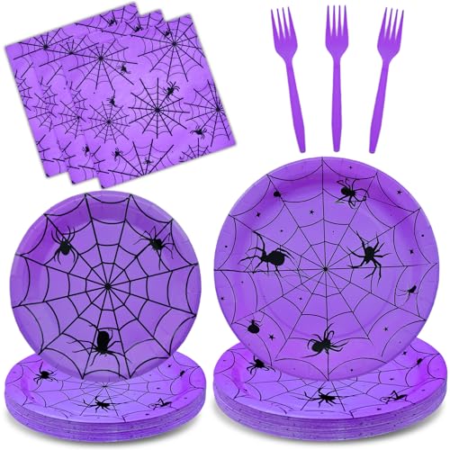 Purple Halloween Spider Web Disposable Dinnerware Set for 24 Guests