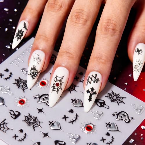 Halloween Nail Stickers - 6 Sheets Spooky Chrome Embossed Decals - Dark Ghost Variation