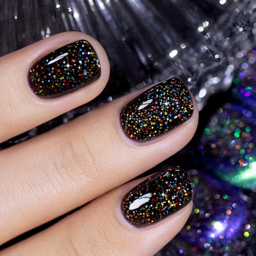 Gel Nail Polish Black Glitter Chunky Iridescent Rainbow Sparkle - RAR736 15ml