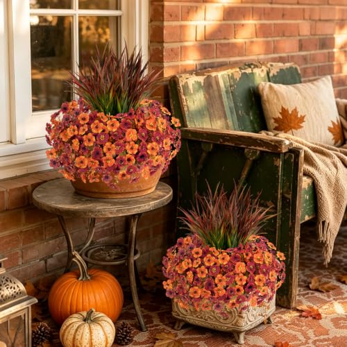 Artificial Fall Flowers Set - UV Resistant Outdoor Decor, Orange Red