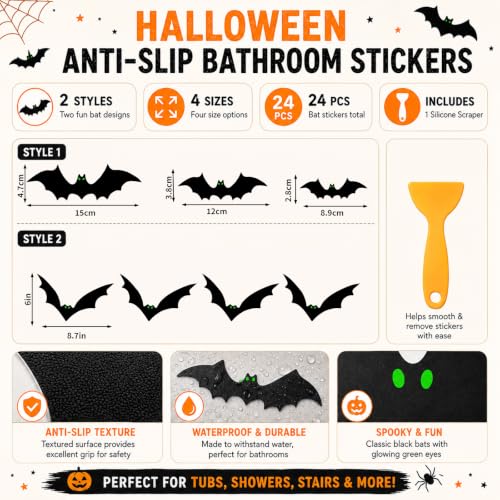 Halloween Bat Non Slip Bathtub Stickers with Scraper - Waterproof Bathroom Decal Set