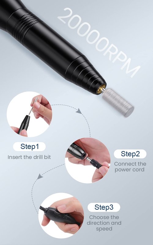 Professional 20000 RPM USB Nail Drill Efile Kit for Acrylic Nails - Manicure & Pedicure Polishing with 6 PCS Nail Drill Bits, Sanding Bands and Brush, Black