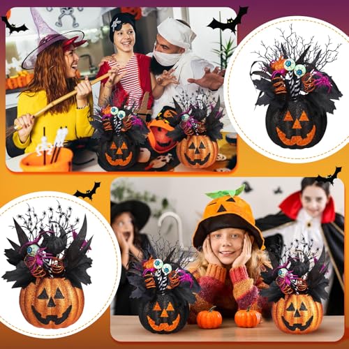 Halloween Jack O Lantern Table Centerpieces - Artificial Flowers with Spiders & Eyeballs, 14x10 Inches - Spooky Indoor Outdoor Decor