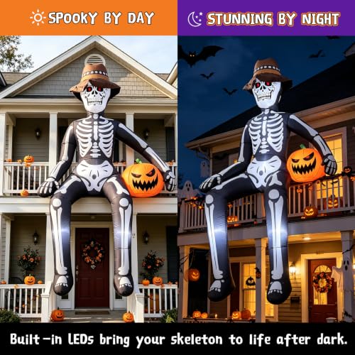 10FT Sitting Skeleton Halloween Inflatable with LED Lights - Outdoor Decor, Ghostly Skeleton with Pumpkin, Variation: Sitting Skeleton