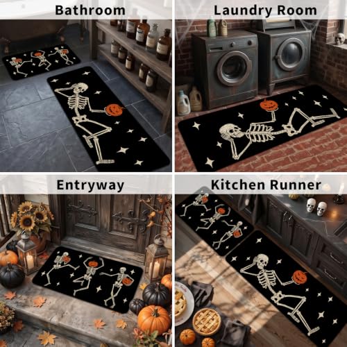Halloween Skeleton Pumpkin Kitchen Mat Set of 2 Non Slip Washable Rug Decor