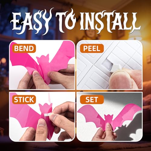 Pink Bat Halloween Decor 48Pcs Spooky Wall Stickers for Party & Outdoors - REMOVABLE