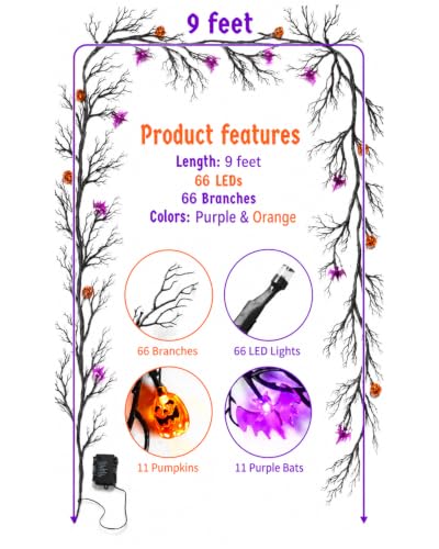 Halloween Vine Lights with Bat & Pumpkin - 9Ft, 66 LEDs, 8 Modes, Timer, Indoor Outdoor Decor