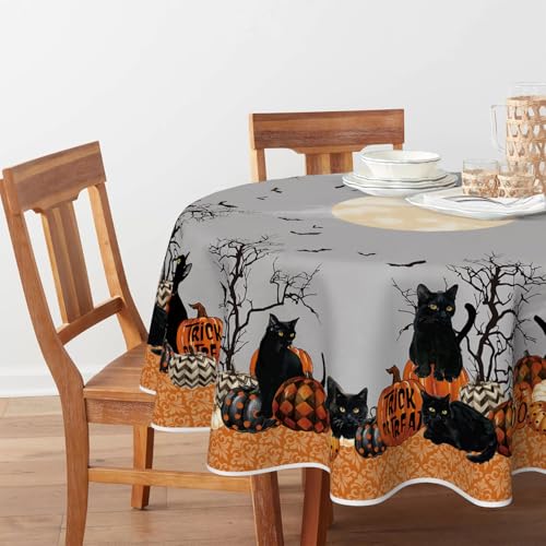 Halloween Tablecloth 60x60 Inch Round Pumpkin Moon Cat Trees - Black & Orange