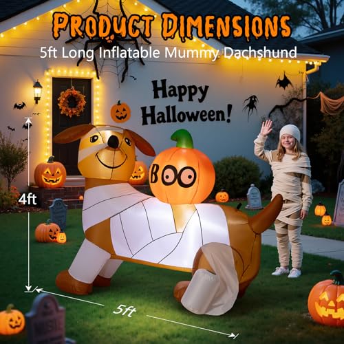 5FT Halloween Inflatable Mummy Dog - Funny Outdoor Yard Decor with Boo Pumpkin