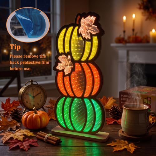 Fall Pumpkin Infinity Mirror Tunnel Lights - 3 Stacked Pumpkins for Autumn Decor, Yellow Orange Green Variation