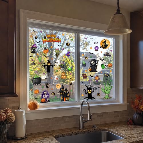 Halloween Window Clings Set Reusable Spooky Decals for Glass - Pumpkins Ghosts Bats
