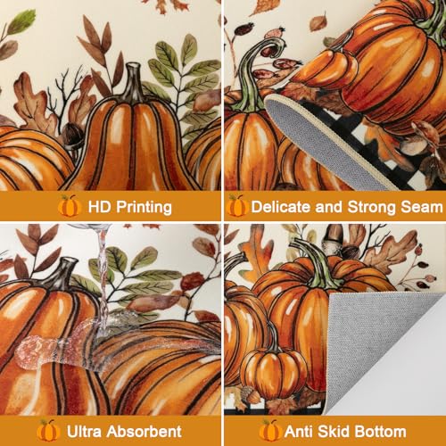 Fall Kitchen Rugs Set of 3 - Washable Pumpkin Runner Rug with Dwarf Pumpkins Variation