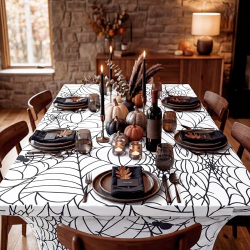 Halloween Spiderweb Tablecloth 6ft White Stretch Cover — 2 Pack, Spiderweb Design, Reusable