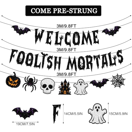 Halloween Party Banner Set - Welcome & Foolish Mortals Glitter Decorations