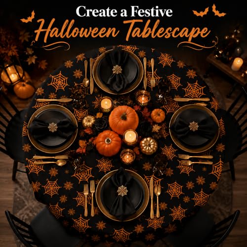 Black Halloween Round Tablecloth 60 Inch Spooky Spider Web Design