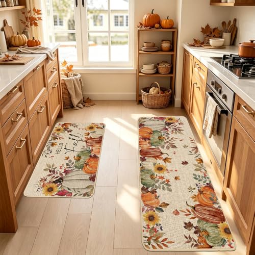 Fall Floral Pumpkin Kitchen Rugs Set of 2 - Autumn Farmhouse Non-Slip Indoor Mats, Hello Fall Variation