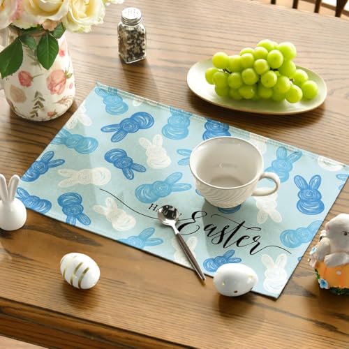 Easter Bunny Placemat Set of 4 - 12x18 Inch Blue Rectangular Seasonal Table Mats