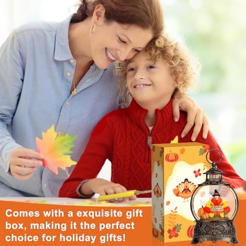 9.85 Inch Fall Decor Snow Globe Lantern with Turkey and Pumpkins - Thanksgiving Table Centerpiece