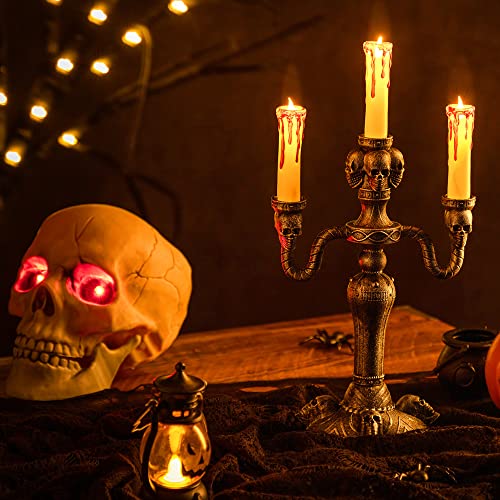 Skull Candelabra Halloween Decorations - 2 LED Flameless Candle Holders, Indoor Haunted House Decor