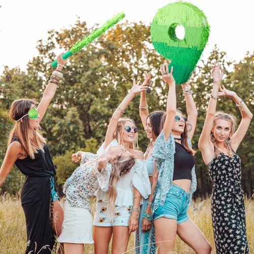 Number 9 Piñata - 16 Inch Green Birthday Party Pinata with Stick & Blindfold