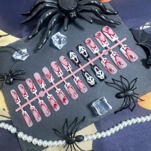 Halloween Ghost Press-On Nails with Blood Drip French Tips - Colorful Set