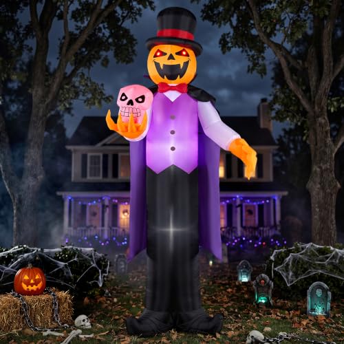 Giant Halloween Inflatable Pumpkin Ghost with Skull & Glowing LED Eyes - 12FT Yard Decoration - Multicolor