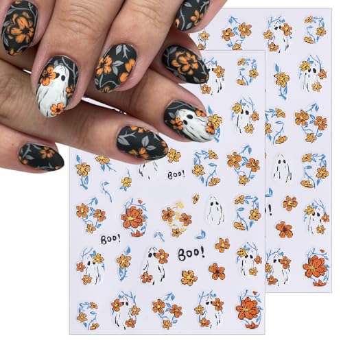 Halloween Nail Art Stickers Decals - Ghost & Hibiscus Flower Design, 8 Sheets - Cute Ghost Variation