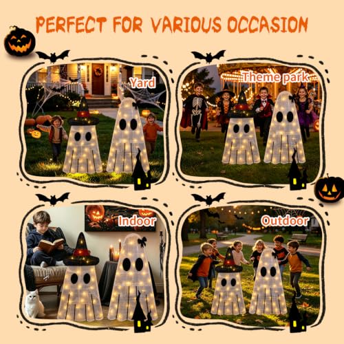 Halloween Ghost Decor Light-up Outdoor Ghost with Black Hat - 2 Pack