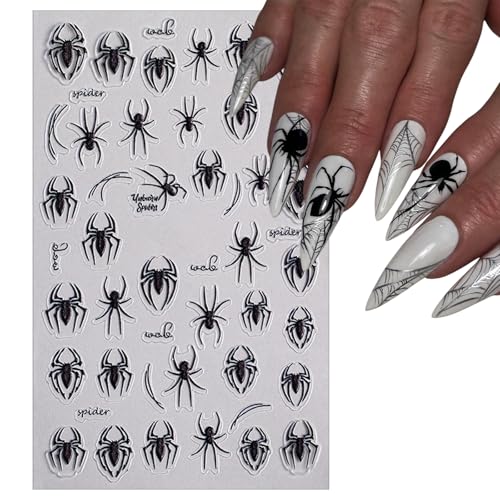 Halloween Nail Stickers - White Black Spider Web Self-Adhesive Decals for Nail Art, 4 Sheets, Scary Design, Spider Variation
