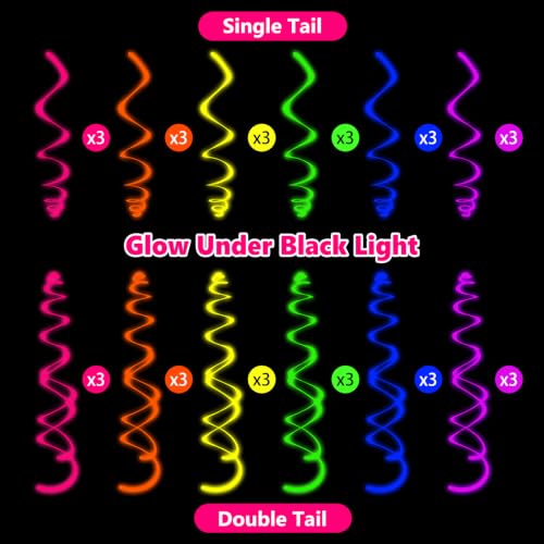 36PCS Neon Hanging Swirl Party Decorations UV Reactive Ceiling Streamers for Birthday & Halloween