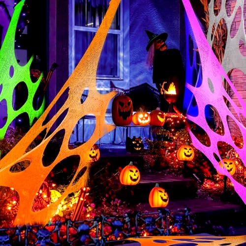 Glow in the Dark Spider Web Halloween Decorations Outdoor 1800 Sqft with Black Light & Ground Nails