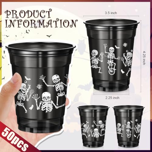 Vesici 50 Pcs Halloween Skeleton Plastic Cups - 12 oz Disposable Black Skeleton Variant