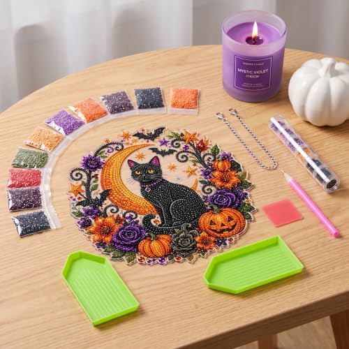 Halloween Black Cat Moon Diamond Art Suncatcher Kit - 10x10in Window Decor
