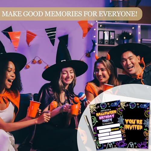 Halloween Birthday Invitations with Envelopes - Cute Ghost Bat Design, 25 Pack