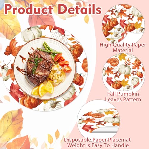 Pumpkin Maple Leaves Fall Placemats 50PCS Autumn Harvest Disposable Round Table Mats for Thanksgiving & Halloween - Pumpkin Leaves Variation