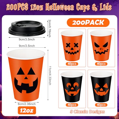 Halloween Pumpkin Disposable Coffee Cups with Lids - 12oz Bulk Set, Black & Orange