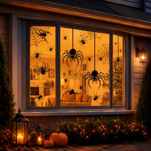 Large Halloween Spider Window Stickers Set - Scary Web Decor for Glass