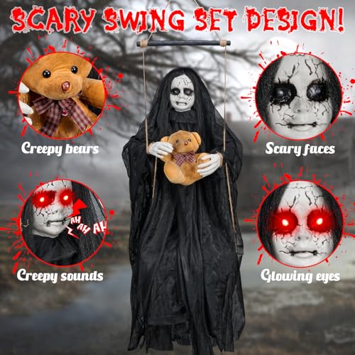 Black Haunted Girl Hanging Ghost Doll - Creepy Halloween Decor, Sound & Light