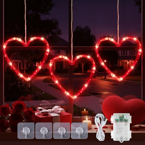 Valentine's Day Heart Window Lights - Red 30 LED Battery & USB Powered, Timer