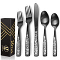 Skull Rose 20-Piece Matte Black Flatware Set for 4 - Gothic Skeleton Pattern Silverware