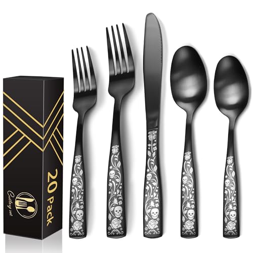 Skull Rose 20-Piece Matte Black Flatware Set for 4 - Gothic Skeleton Pattern Silverware