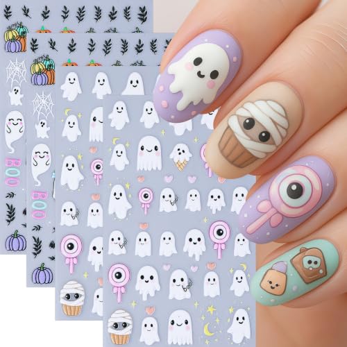 Halloween Ghost & Pumpkin Nail Stickers Set - Self-Adhesive 4 Sheets, 5D Embossed Nail Art Decals, Ghost Pumpkin Variation