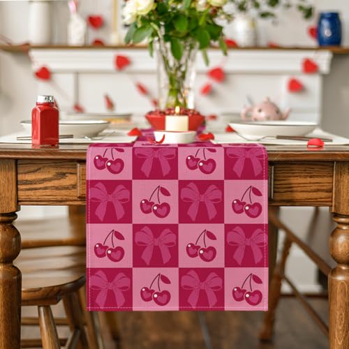 Cherry Bowknot Table Runner 13x60 Inch Pink Red Valentine Home Decor