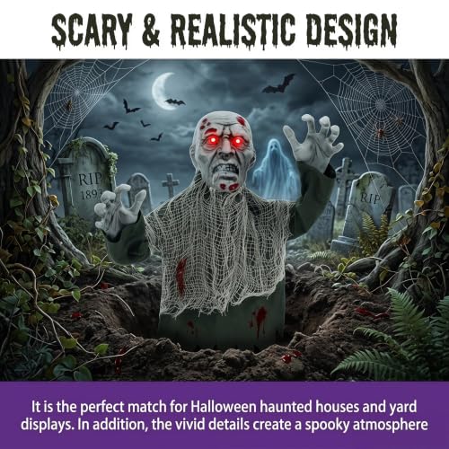 Outdoor Ground Zombie Halloween Decor with Flashing LED Eyes - Animated Yard Prop