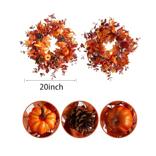 Pumpkin Fall Wreath for Front Door - 20 Inch Autumn Decor with Pine Cones & Maple Leaves
