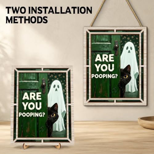 Are You Pooping? Halloween Cat Ghost Wooden Bathroom Sign - Funny Wall Decor - Are