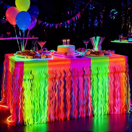 Neon Fluorescent Metallic Tinsel Foil Fringe Table Skirts - 2 Pack, Glow in Dark Party Decor
