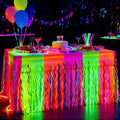 Neon Fluorescent Metallic Tinsel Foil Fringe Table Skirts - 2 Pack, Glow in Dark Party Decor